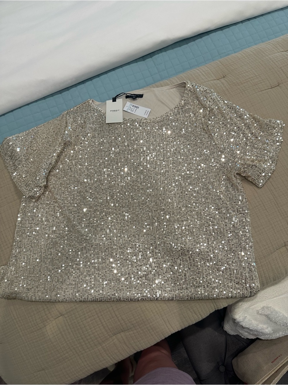 Sequin Short Sleeve Top in Champagne